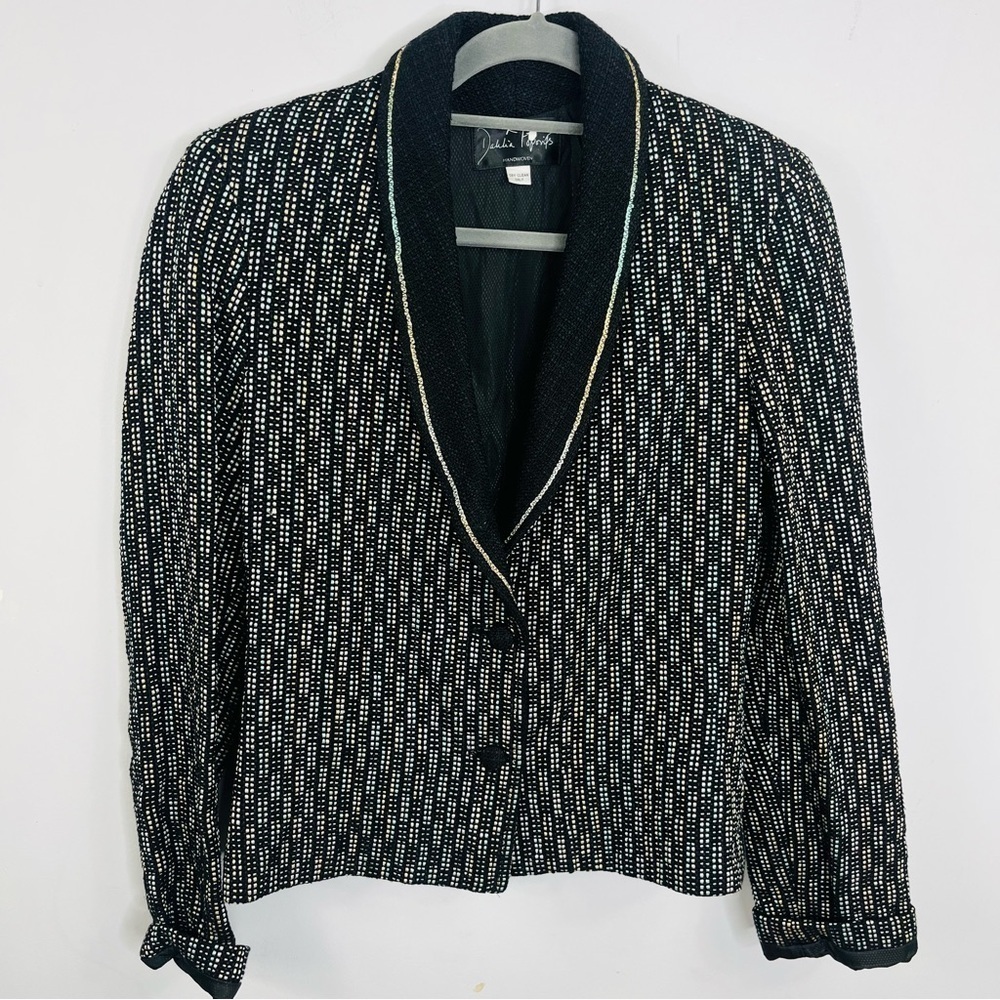 Dahlia Popovits Size 6 Black Handwoven Tweed Two-Button Blazer Jacket HC